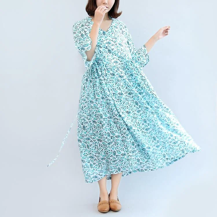 new blue print linen dresses plus size casual sundress high waist maxi dress Elegant Maxi Dress with Drapes