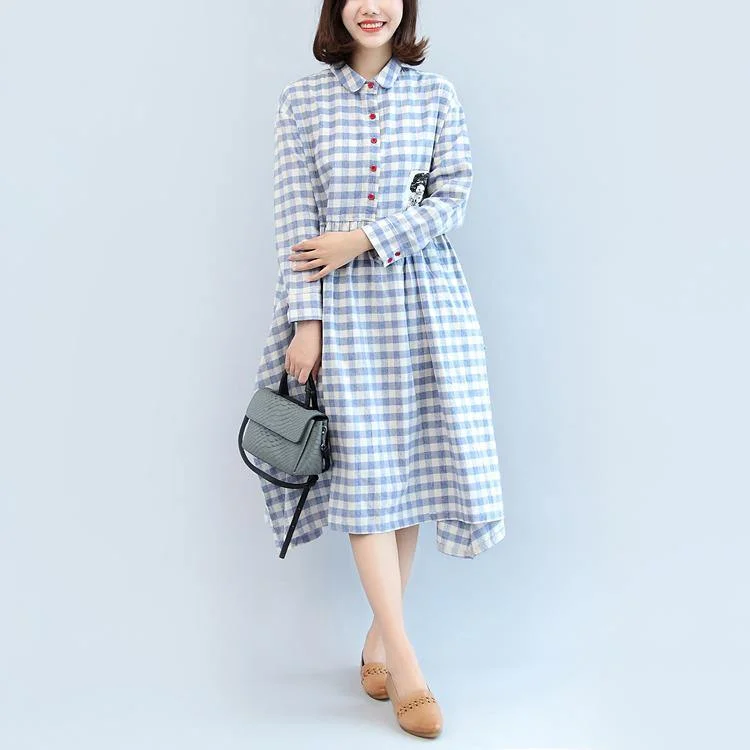 New Blue White Plaid Long Cotton Dress Trendy Plus Size Long Sleeve Cotton Maxi Dress New Lapel Collar Cotton Dress Comfortable Fitted Maxi Dress