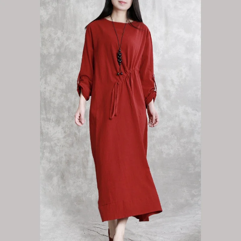 New burgundy  linen maxi dress plus size side open cotton gown Fine drawstring cotton clothing Fashionable Asymmetrical Maxi Dress