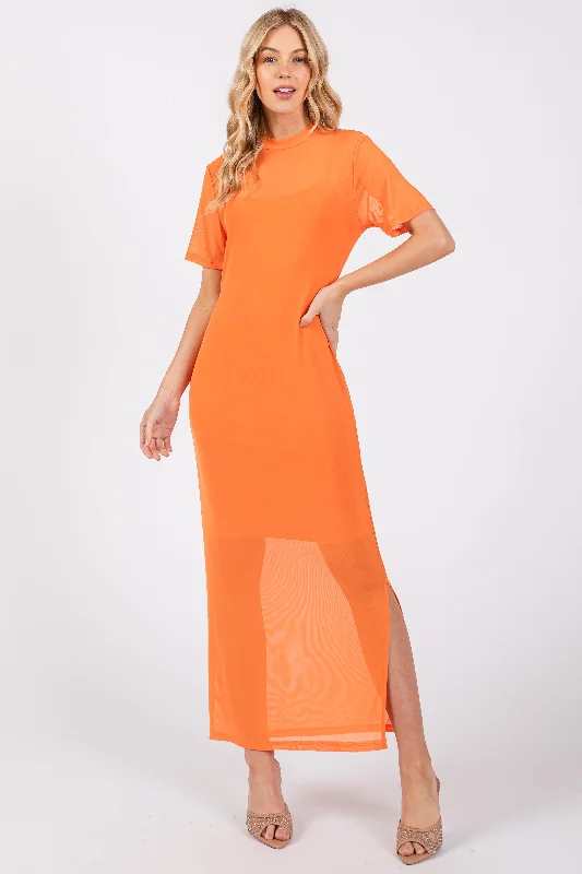 Orange Layered Mesh Maxi Dress Trendy Floral Print Maxi Dress