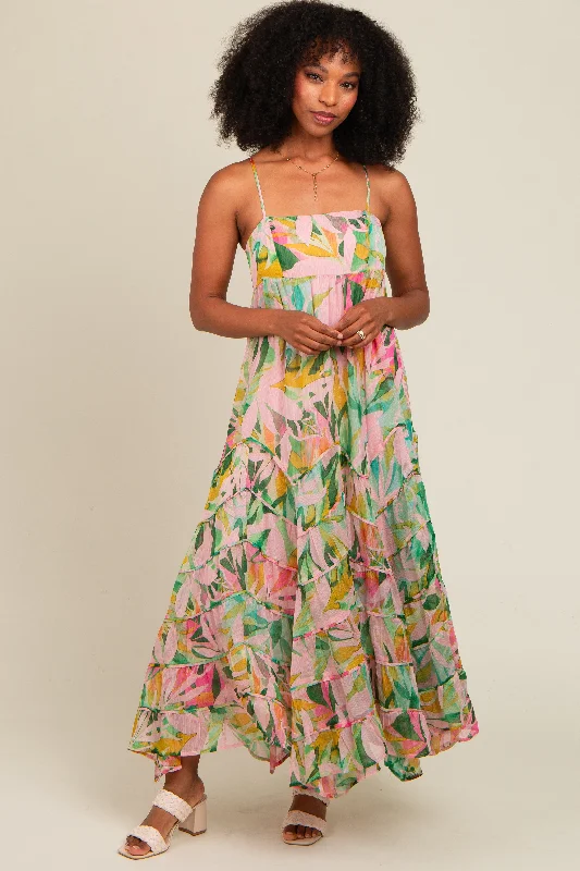 Pink Floral Tiered Ruffle Hem Maxi Dress Cozy Knit Maxi Dress