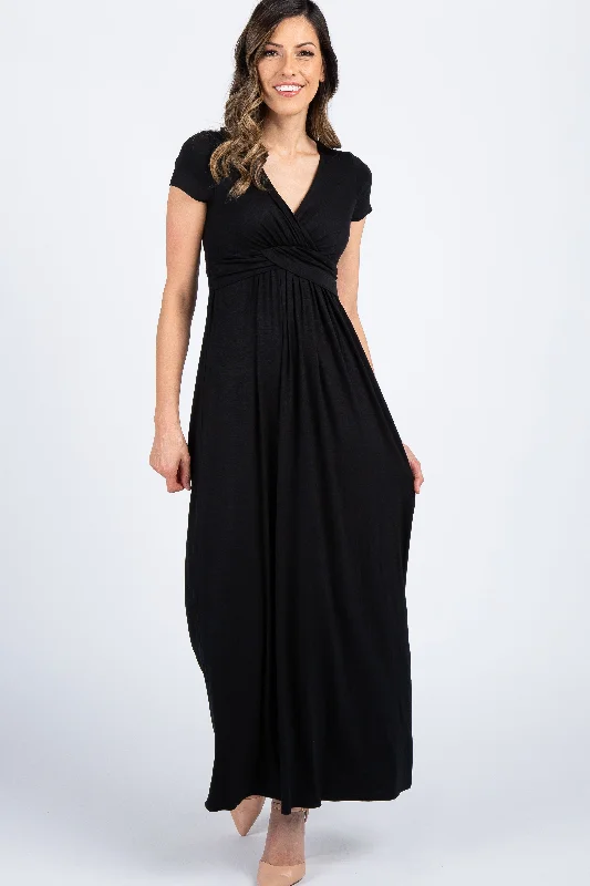 PinkBlush Petite Black Draped Nursing Maxi Dress Cozy Maxi Dress with Slit