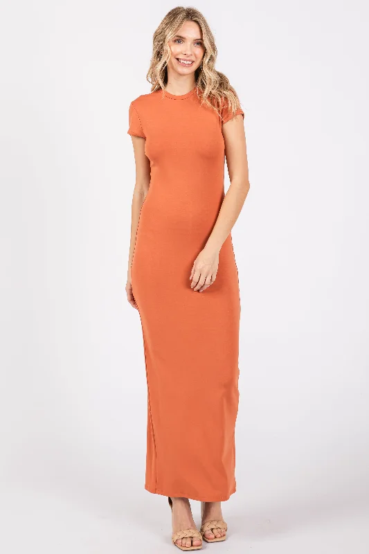 Rust Fitted Short Sleeve Maxi Dress Trendy Satin Maxi Dress