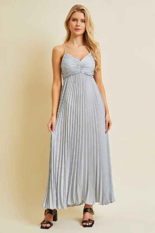 Silver Pleated Back Cutout Tie Maxi Dress Trendy A-Line Maxi Dress