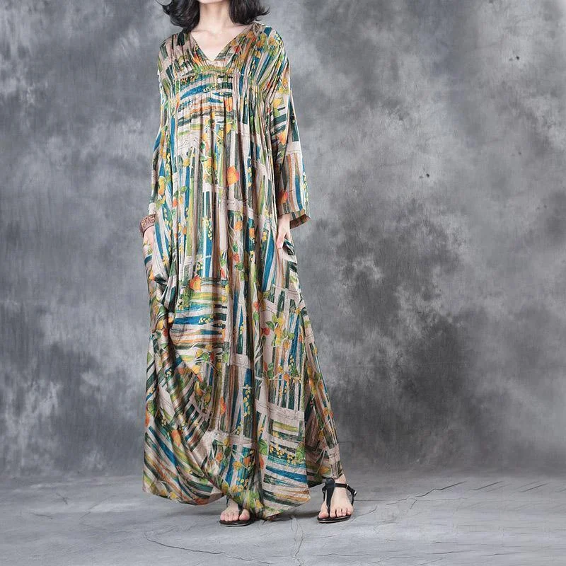 Stylish Green Prints Summer Dress V-Neck Gown Drawstring Maxi Dresses Fashionable Faux Wrap Maxi Dress
