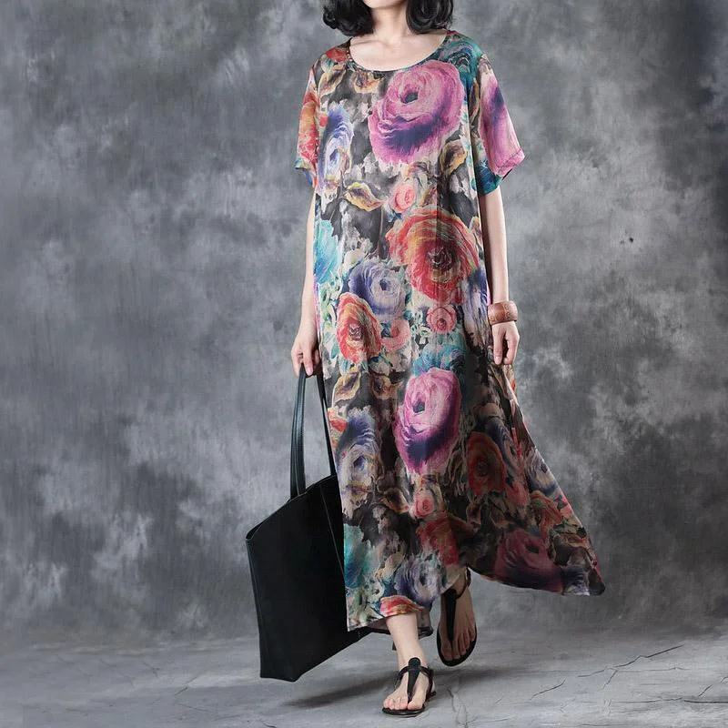 Summer Stylish Purple Print Chiffon Dresses Short Sleeve Maxi Dress Stylish Button-Up Maxi Dress