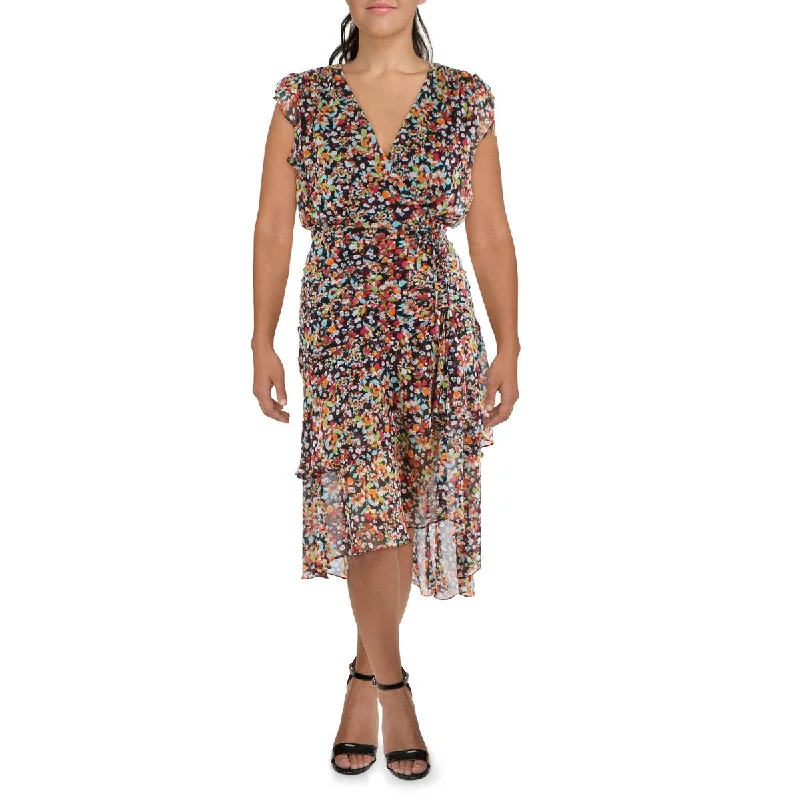 Tahari ASL Womens Petites Floral Flutter Sleeve Midi Dress