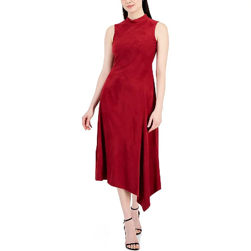 Taylor Womens Faux Suede Mock Neck Midi Dress