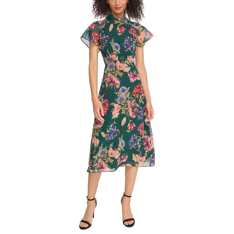 Vince Camuto Womens Floral Print Flutter Sleeve Midi Dress