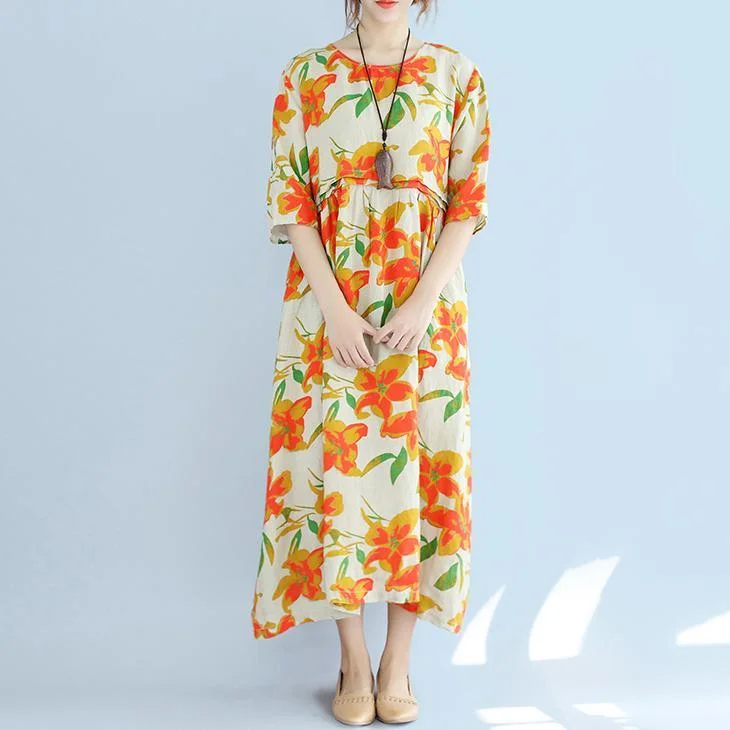 Vintage Orange Floral Linen Maxi Dress Plus Size Patchwork Gown New Bracelet Sleeve Caftans Stylish Off-Shoulder Maxi Dress