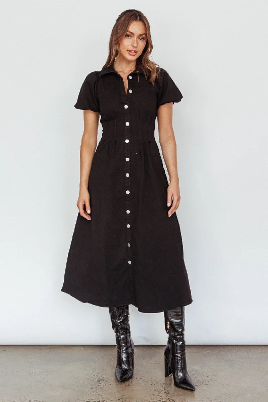 Zurich Pleated Waist Midi Dress Black Fashionable A-Line Midi Dress