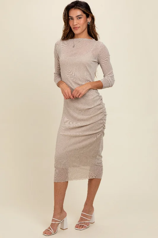 Beige Shimmer Mesh Long Sleeve Ruched Midi Dress