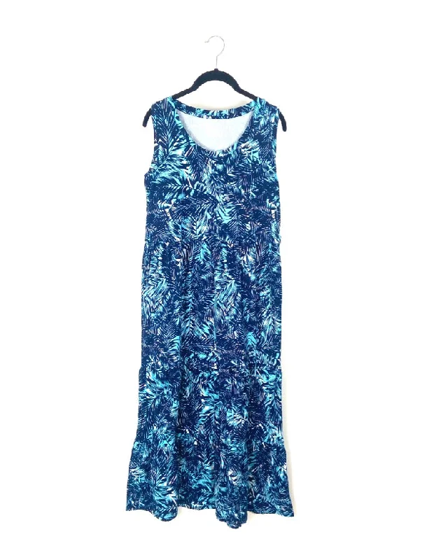 Blue Palm Tree Sleeveless Tiered Maxi Dress - Small/Medium