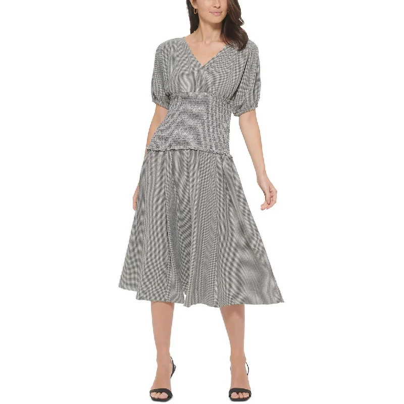 Calvin Klein Womens Surplice Puff Sleeves Midi Dress