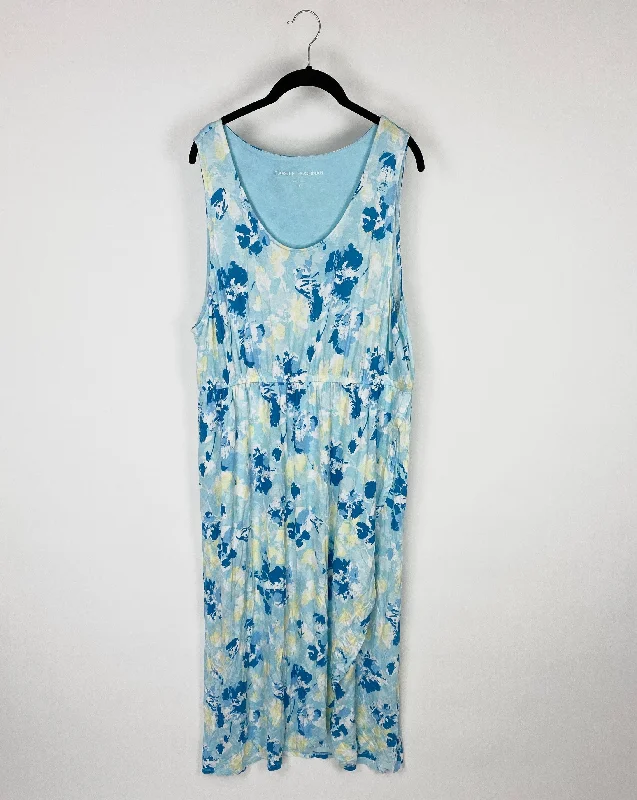 Blue Sleeveless Floral Maxi Dress - Size 1X