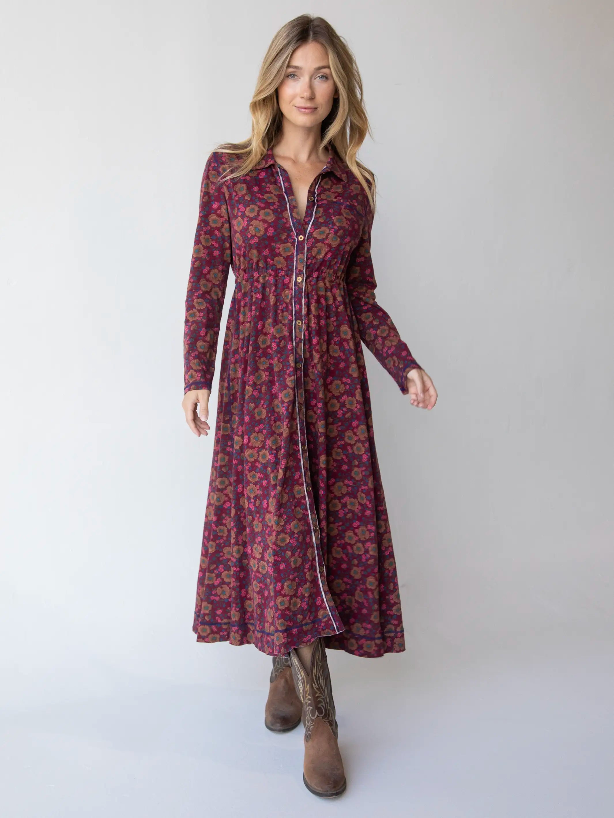 Christa Knit Cotton Maxi Dress - Cranberry Brown Floral