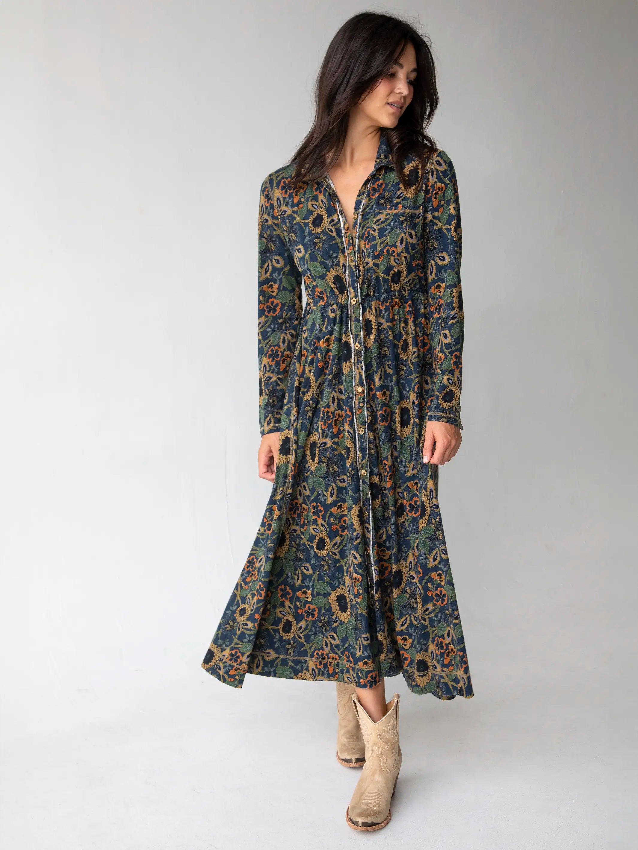 Christa Knit Cotton Maxi Dress - Navy Tan Dahlias