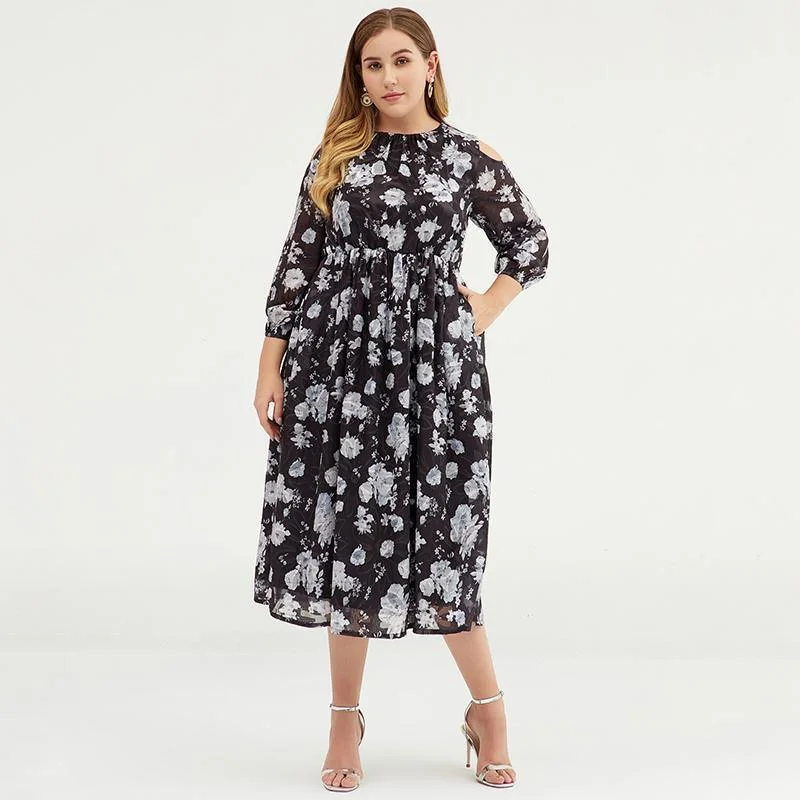 Plus Size Women Cold Shoulder Floral Chiffon Maxi Dress