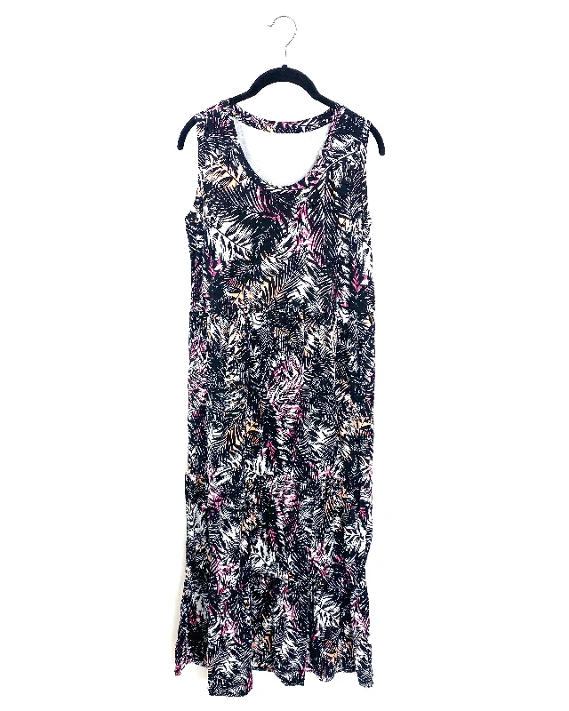 Black And Pink Tropical Scoop Neck Maxi Dress - Small/Medium