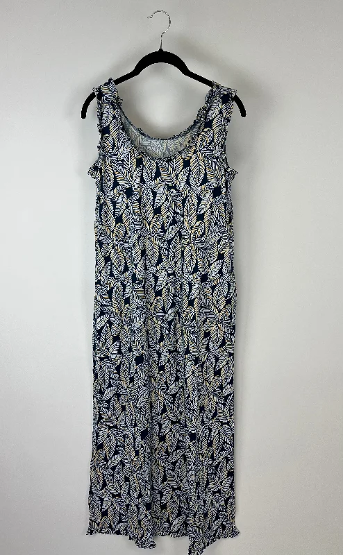 Navy Blue Leaf Print Maxi Dress - Size 6/8