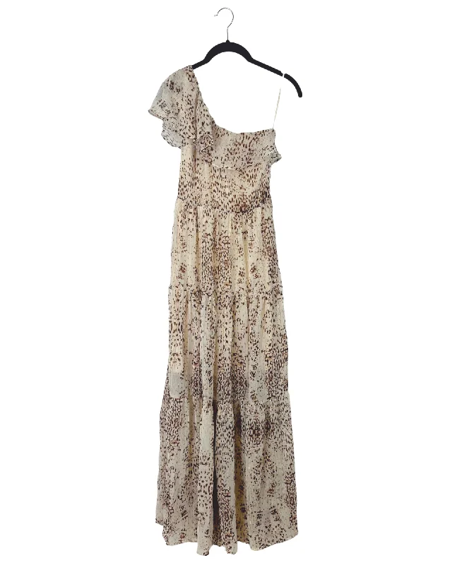 One Shoulder Cream Printed Maxi Dress - Size 000/00 and 0/2