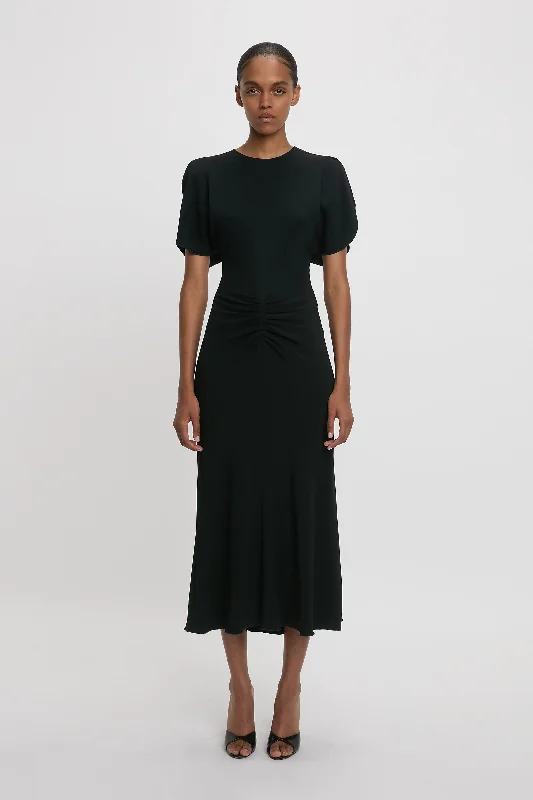 Gathered Waist Midi Dress In Black