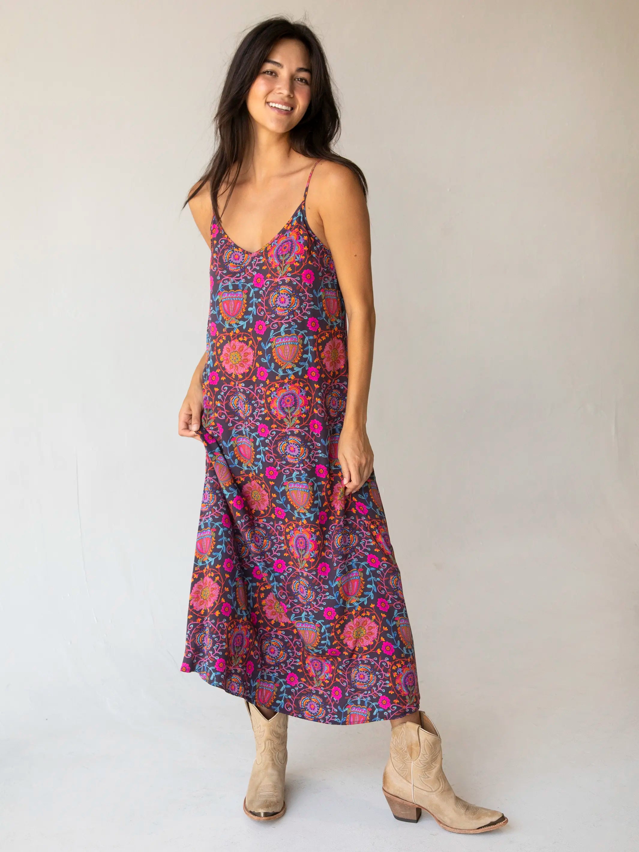 Gracie Slip Maxi Dress - Black Printed Folk Circles