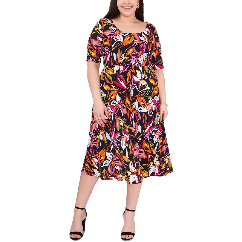 MSK Womens Plus Knit Printed Midi Dress