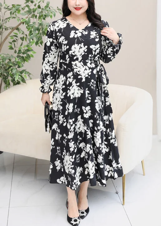 Plus Size Black V Neck Print Chiffon Maxi Dresses Flare Sleeve