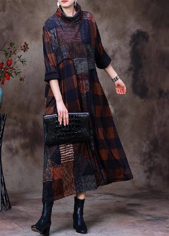 Plus Size Coffee Turtleneck Plaid Patchwork Velour Maxi Dress Long Sleeve