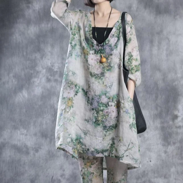 Plus size floral linen dresses V neck oversize caftans maxi dress