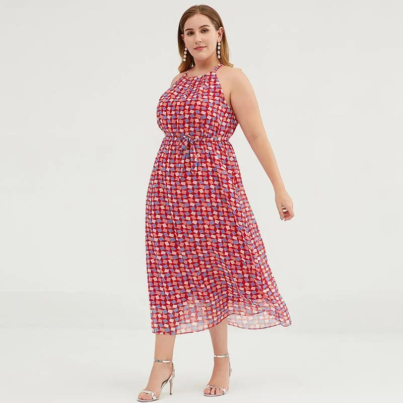 Plus Size Geometric Printed Adjustable Halter Maxi Dress