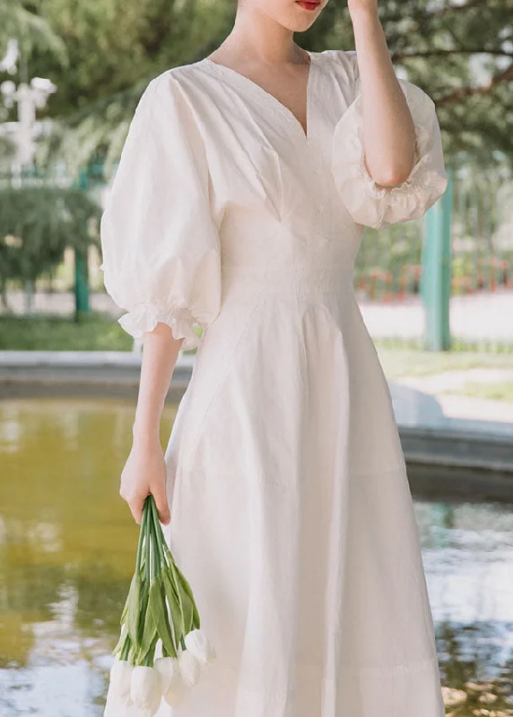 Plus Size White V Neck lantern sleeve Ruffles Maxi Dresses