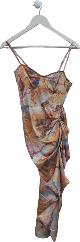 PrettyLittleThing Multicoloured Marble Print Ruched Skirt Corset Midi Dress UK 6