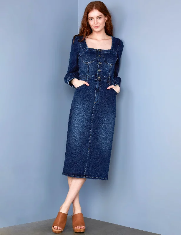 Puff Corset Denim Midi Dress