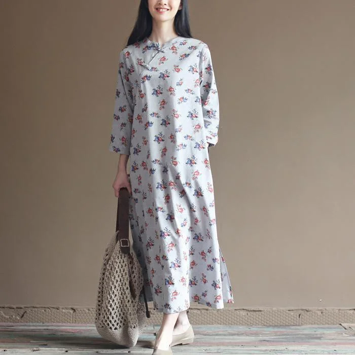 Pure cotton flower print elegant maxi dresses long sleeve sprint dress