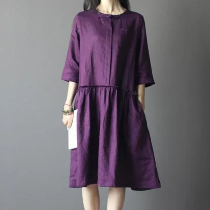 Purple half sleeve maxi dress linen sundress oversize summer shift dress