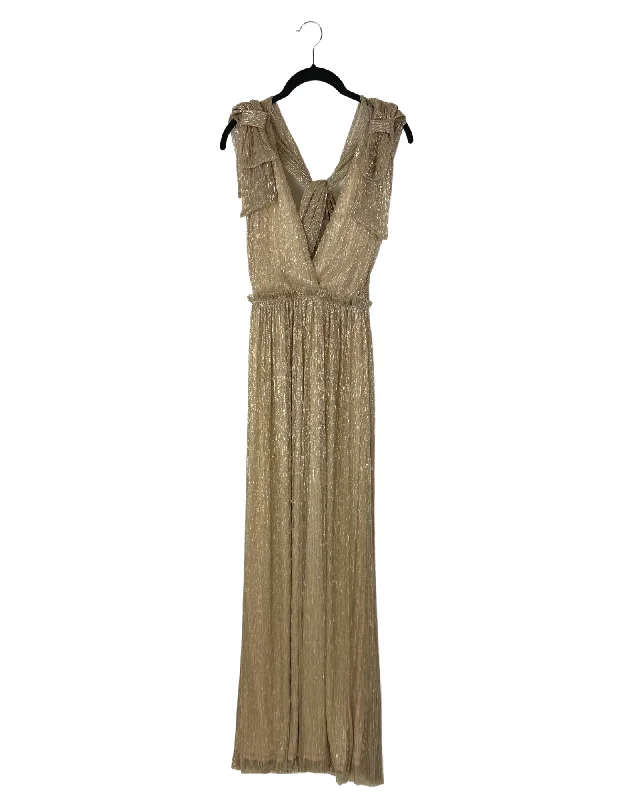 Gold Metallic Tie Shoulder Maxi Dress - Size 0/2