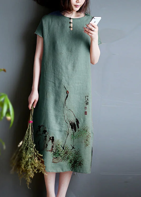 Retro Green Print Side Open Linen Party Maxi Dress Short Sleeve