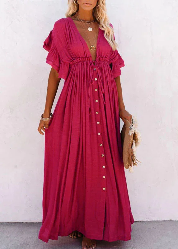 Rose red V Neck Button Maxi Dresses Short Sleeve