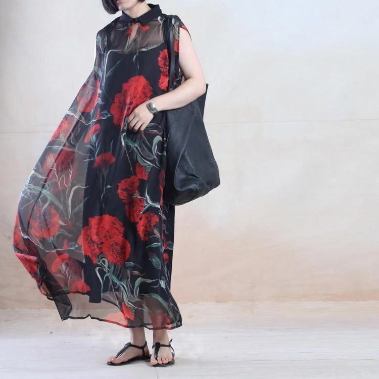 See through chiffon sundress black floral summer maxi dresses oversize