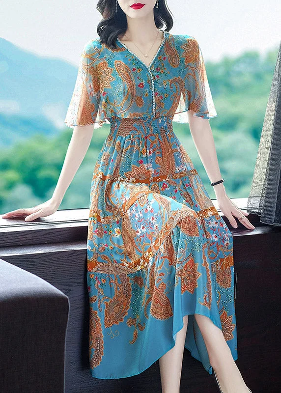 Sexy Blue V Neck Print Nail Bead Slim Silk Maxi Dress Short Sleeve