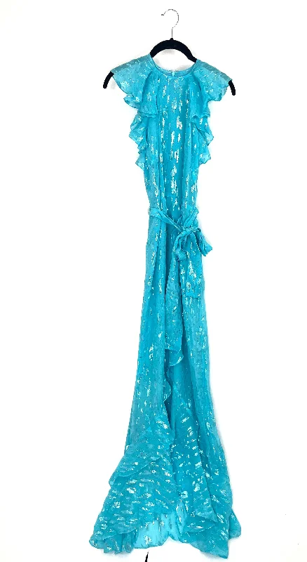 Turquoise Metallic Cheetah Print Maxi Dress - Size 0/2