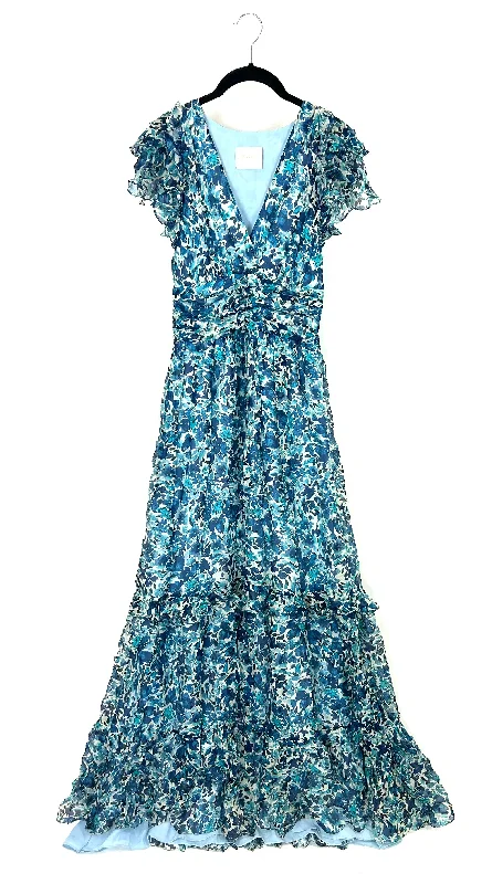 Water Colored Blue Floral Maxi Dress - Size 0/2