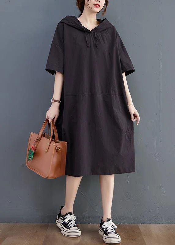 Simple Black hooded Cotton Summer Maxi Dresses