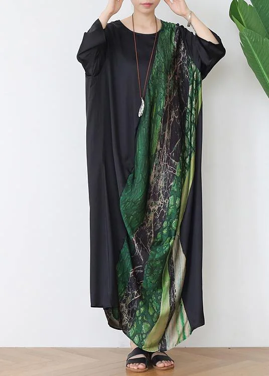 Simple Green Print Chiffon Patchwork Summer Maxi Dresses