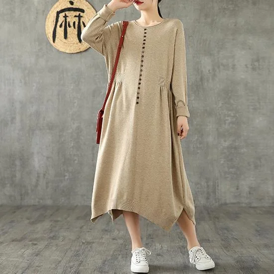 Simple o neck asymmetric cotton clothes For Women Tunic Tops khaki Maxi Dress