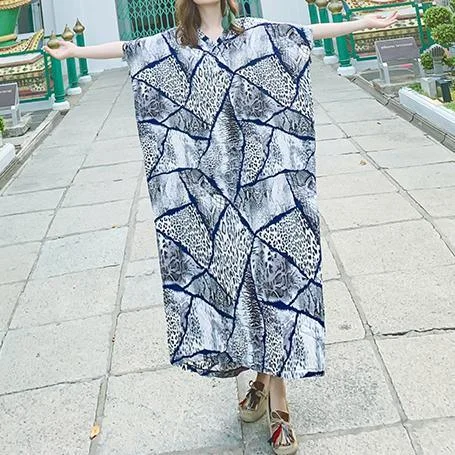 Simple v neck short sleeve cotton dress Outfits blue print Maxi Dress