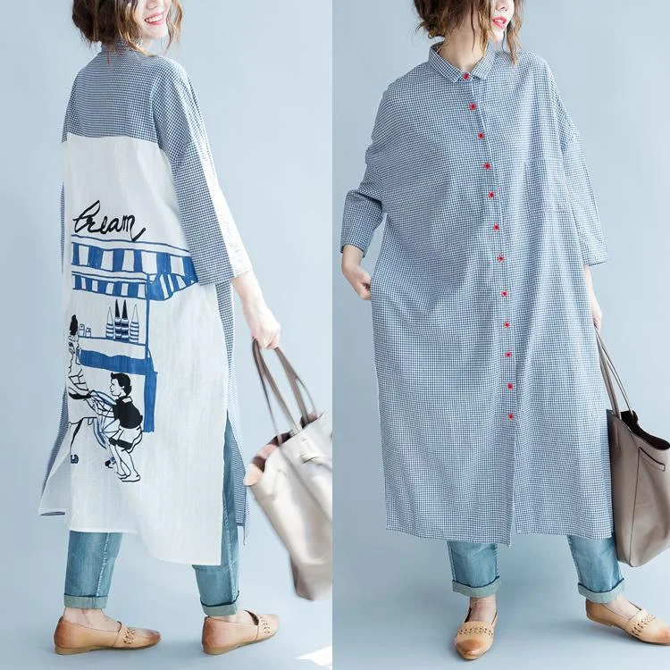 Sky blue plaid patchwork maxi dress oversize long shirts back print linen dresses