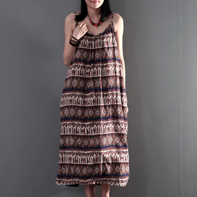 Sleeveless brown floral print maxi dress summer cotton long dresses casaul sundress